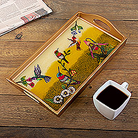 Reverse-painted glass tray, 'Joy at Sunset' - Nature-Themed Reverse-Painted Glass Tray in Warm Hues