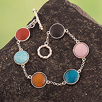 Multi-gemstone link bracelet, 'Colorful Connection' - Colorful Multi-Gemstone Sterling Silver Link Bracelet