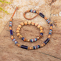 Ceramic beaded jewelry set, 'Imagination and Intuition' - Blue and Brown Ceramic Beaded Necklace and Stretch Bracelet