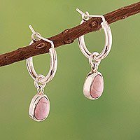 Rhodonite dangle hoop earrings, 'Luminous Compassion' - High-Polished Sterling Silver Rhodonite Dangle Hoop Earrings