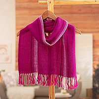100% alpaca scarf, 'Freesia' - Striped Fringed Fuchsia Scarf Hand-Woven from 100% Alpaca