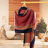 100% baby alpaca shawl, 'Tricolor' - Hand-Woven Striped Fringed Orange 100% Baby Alpaca Shawl