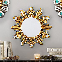Gilded bronze wood wall mirror, 'Golden Leaves' - Handmade Leaf-Themed Antique Gilded Bronze Wood Wall Mirror