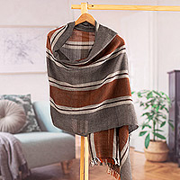 100% alpaca shawl, 'Striped Glamor' - 100% Alpaca Shawl in Grey & Orange with Stripes and Fringes