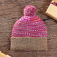 Alpaca blend hat, 'Pretty in Pink' - Patterned Knit Alpaca Blend Hat with Pompom in Pink & Brown