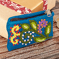 Wool coin purse, 'Eden Blue' - Handcrafted Leaf-Themed Blue Wool Coin Purse from Peru