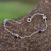 Sodalite link bracelet, 'Marine Marvel' - Sterling Silver Turtle Link Bracelet with Sodalite Beads