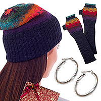 Curated gift set, 'Winter Chic' - Alpaca Hat Fingerless Mitts Silver Earrings Curated Gift Set