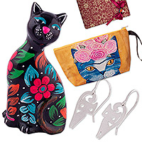 Curated gift set, 'Cat Meow' - Cat-Themed Earrings Figurine Toiletry Case Curated Gift Set