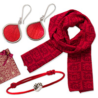 Curated gift set, 'Crimson Crush' - Curated Gift Set with Red Scarf Silver Bracelet and Earrings