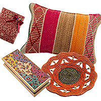 Curated gift set, 'Mountains & Jungle' - Curated Gift Set with Cushion Cover Decorative Box & Basket