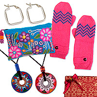 Curated gift set, 'Pink Whirligig' - Handmade Traditional Floral Pink and Blue Curated Gift Set