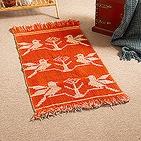 Reversible wool area rug, 'Scarlet Chants' (2x4) - Bird-Themed Scarlet and Alabaster Reversible Wool Rug (2x4)