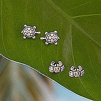 Sterling silver stud earrings, 'Marine Glory' (set of 2) - Set of 2 Sea Life Sterling Silver Turtle and Crab Earrings