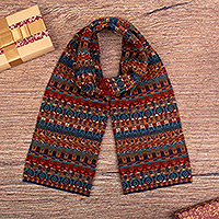 100% alpaca scarf, 'Chavin Style' - Multicolored Scarf Knitted from 100% Alpaca in Peru