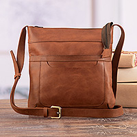 Leather sling bag, 'Today's Adventure' - Adjustable Brown Leather Sling Bag with Zipper Closure