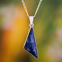 Lapis lazuli pendant necklace, 'Spellbinding Blue' - Silver Necklace with Triangular Lapis Lazuli Pendant