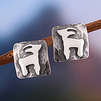 Sterling silver button earrings, 'Guardian of the Forest' - Sterling Silver Button Earrings with Relief Deer Motif