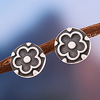 Sterling silver stud earrings, 'Regal Essence' - Majolica Tile and Floral-Inspired Silver Stud Earrings