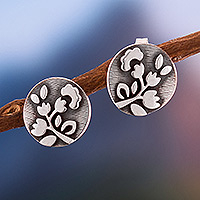 Sterling silver stud earrings, 'Cotton Flowers' - Relief Sterling Silver Floral Stud Earrings from Peru