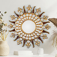 Wood and bronze mirror, 'Luminous Day' - Polished Sun-Shaped Wood and Bronze Leaf Mirror from Peru