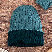 Reversible 100% alpaca hat, 'Warm and Soft' - Reversible 100% Alpaca Cable Knit Hat in Teal and Green