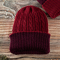 Reversible 100% alpaca hat, 'Warm and Stunning' - Reversible 100% Alpaca Cable Knit Hat in Burgundy and Red