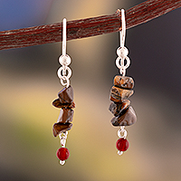 Tiger's eye and carnelian beaded dangle earrings, 'Bold Glints' - Tiger's Eye Carnelian Beaded Sterling Silver Dangle Earrings