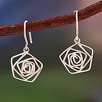 Sterling silver dangle earrings, 'Abstract Rose' - Modern Abstract Rose-Themed Sterling Silver Dangle Earrings