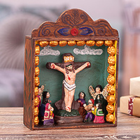 Wood and ceramic retablo, 'Crucifixion' - Hand-Painted Wood Ceramic Crucifixion of Christ Retablo