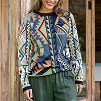Recycled fiber blend sweater 'Sacred Geometry in Blue' - Blue Geometry Sweater