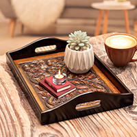 Leather and wood tray, 'Garden of Splendor' - Floral Bird-Themed Embossed Leather and Wood Serving Tray