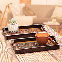 Wood and leather trays, 'Embossed Traditions' (set of 2) - Baroque-Inspired 2-Piece Mohena Wood and Leather Tray Set