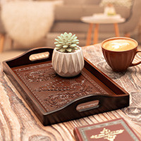 Leather and wood tray, 'Inspiring Tradition' - Hand-Tooled Leather and Wood Serving Tray from Peru