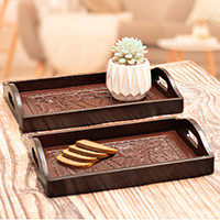 Wood and leather trays, 'Traces of Epoque' (set of 2) - Handmade 2-Piece Embossed Leather and Mohena Wood Tray Set