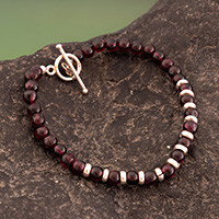 Garnet beaded wristband bracelet, 'Scarlet Kingdom' - Garnet Sterling Silver Beaded Wristband Bracelet from Peru