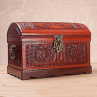 Wood and leather chest, 'Tumi Ceremony' - Handcrafted Wood and Leather Decorative Box with Bronze