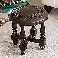 Cedar and leather accent stool, 'Colonial Guard' - Fair Trade Cedar Wood Leather Brown Stool