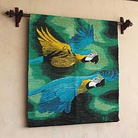 Wool tapestry, 'Amazon Macaws' - Handmade Wool Bird Tapestry Wall Hanging