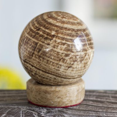 Aragonite sphere, 'Mars' - Aragonite Sphere Gemstone Sculpture with Calcite Base