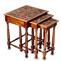 Mahogany and leather accent tables Andean Garden set of 3 Peru