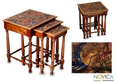 Mahogany and leather accent tables, 'Andean Garden' (set of 3) - Mahogany and leather accent tables (Set of 3)