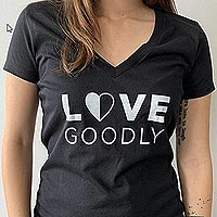 Cotton v-neck t-shirt, 'Love Goodly in Black' - LOVE GOODLY All Cotton Logo V-Neck Tee in Black