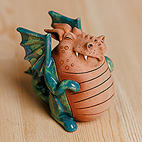 Ceramic figurine, 'Little Green Dragon' - Dragon Ceramic Figurine Made & Painted by Hand in Uzbekistan