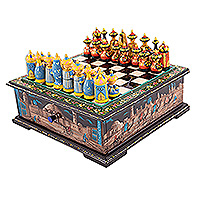 Wood chess set, 'Green Days in Bukhara' - Green Floral Walnut Wood Chess Set with Desert Scene