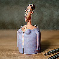 Decorative ceramic bell, 'Lady in Purple' - Woman-Shaped Decorative Ceramic Bell Made & Painted by Hand