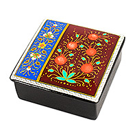 Lacquered wood jewelry box, 'Floral Parade' - Lacquered Walnut Wood Jewelry Box with Floral Motifs
