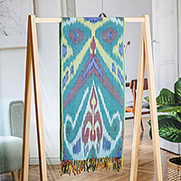 Cotton ikat scarf, 'Fergana Forest' - Colorful Fringed Cotton Ikat Scarf Hand-Woven in Uzbekistan