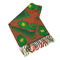 Silk ikat scarf, 'Samarkand Heritage' - Hand-Woven Fringed Silk Ikat Scarf in Brown Green and Yellow