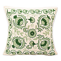 Embroidered cotton cushion cover, 'Green Abundance' - Handmade Embroidered Cotton Green Cushion Cover